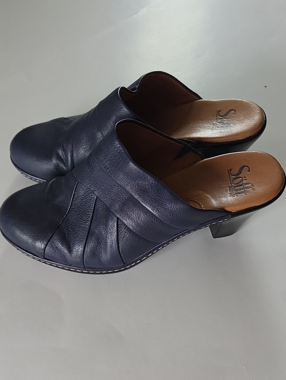 Navy Blue Leather Mules Sofft Brescia Slip-On Pleated Heeled Clog Slides Pebbled